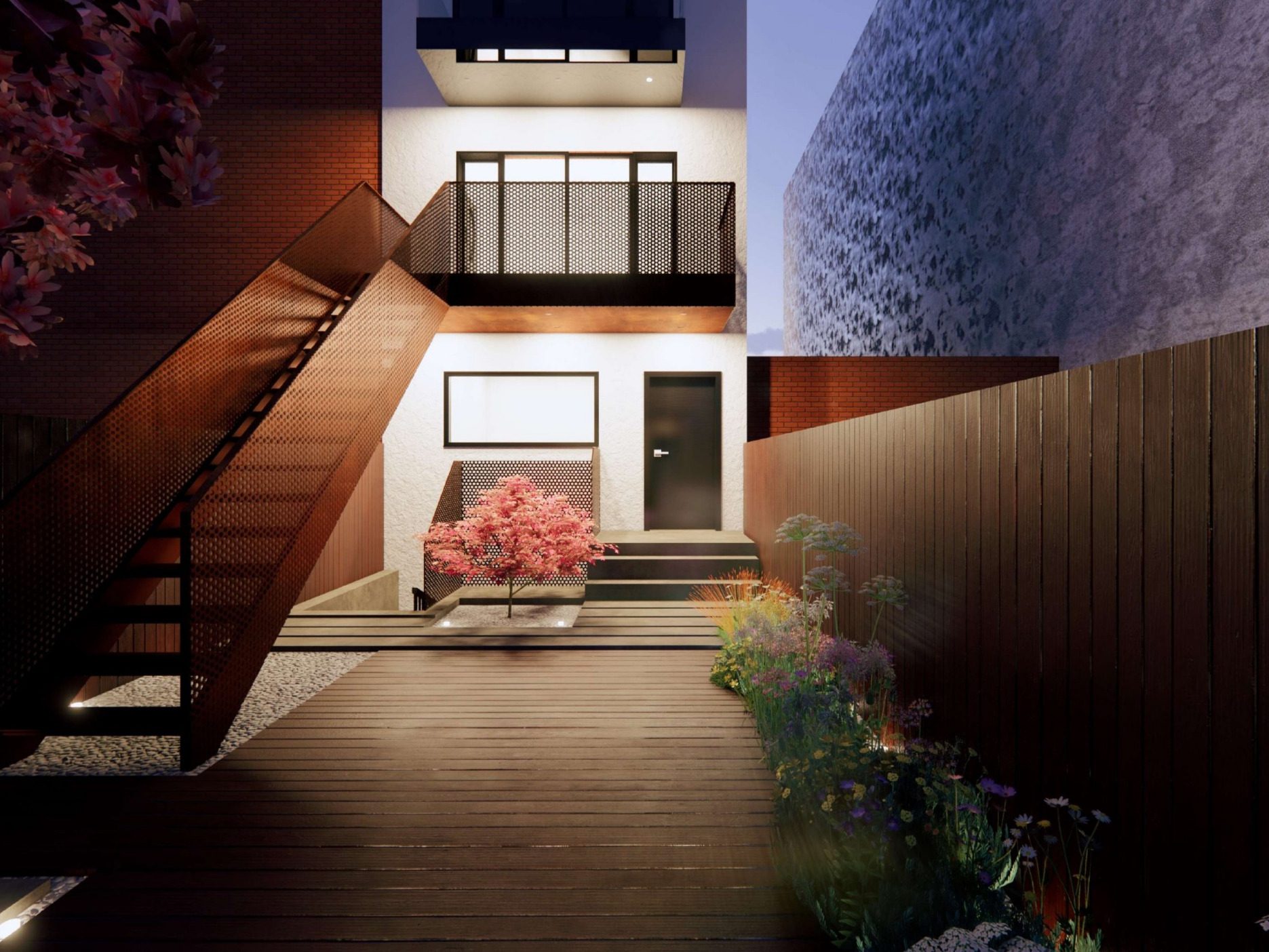 Rear façade: perforated metal railings, cedar deck, and land